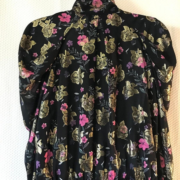 ZARA XL Black Gold Pink Floral Metallic Tie Neck Blouse Puff Sleeve Evening Top - Picture 6 of 8